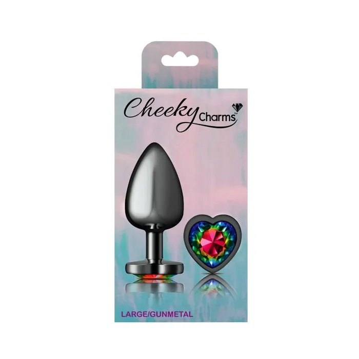 Cheeky Charms Anal | Cheeky Charms Gunmetal  Butt Plug w Heart Rainbow Jewel Large