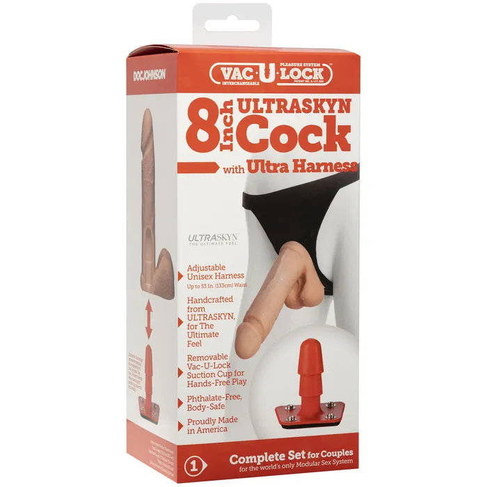 Female Sex Toys | VacULock Ultraskyn 8 Inch Realistic Cock With Ultra Harness - Doc Johnson