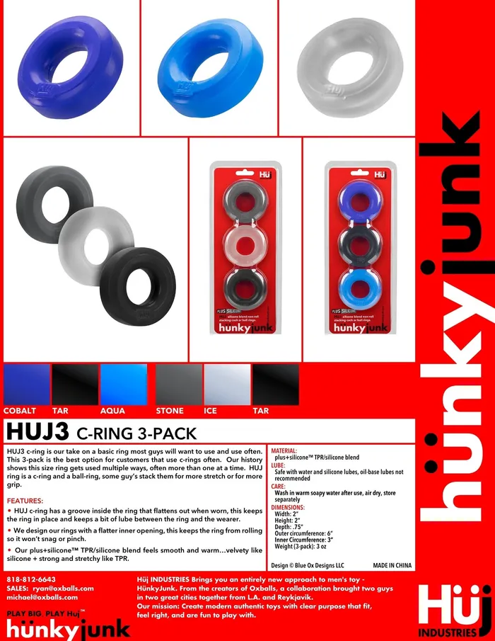 Hunkyjunk Male Sex Toys | Hunky Junk 3x Cockings Penis Cock Ring HunkyJunk by OxBalls Red-Tar